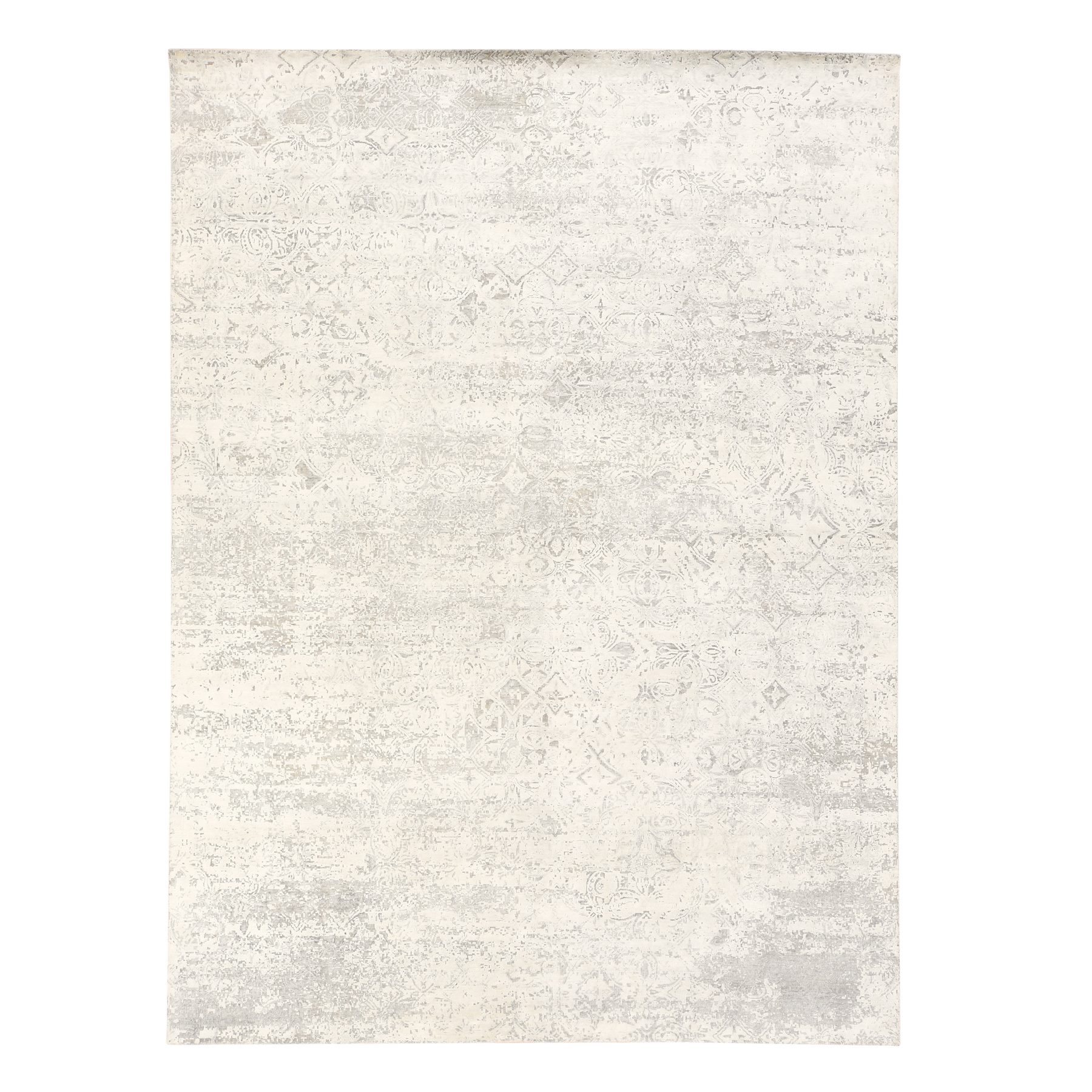 8'10"x12' Whisper White, Silk with Textured Wool, Modern, Erased Dimensional Design, Hand Knotted, Oriental Rug 